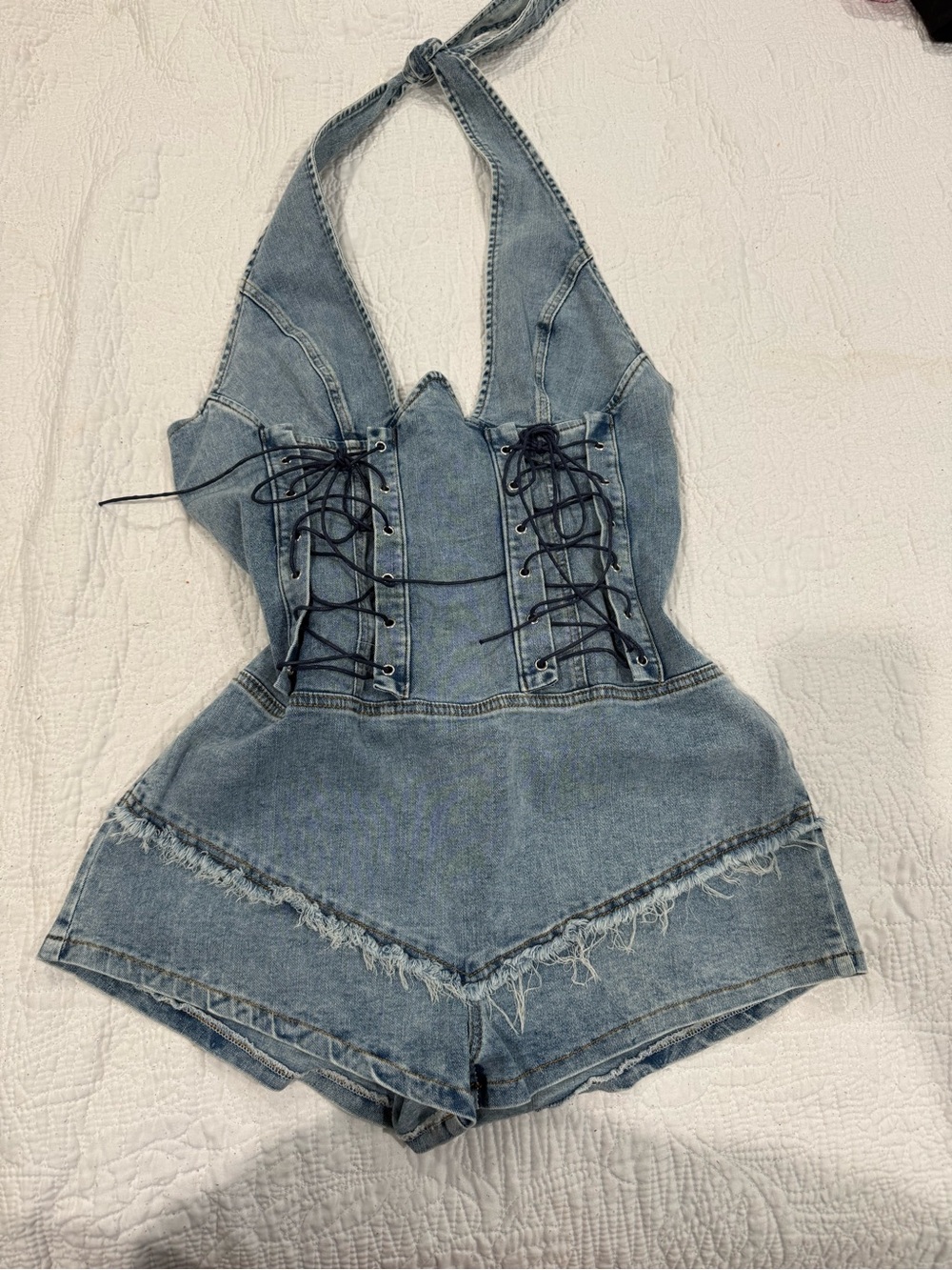 Blue Denim Lace-Up Halter Romper
